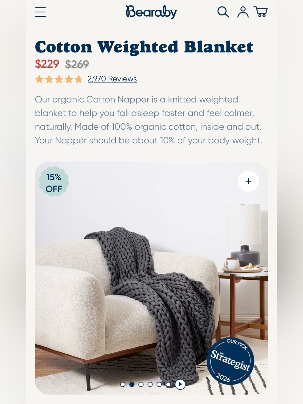 NEW Bearaby Cotton Napper 15lb Asteroid Grey Weighted Blanket